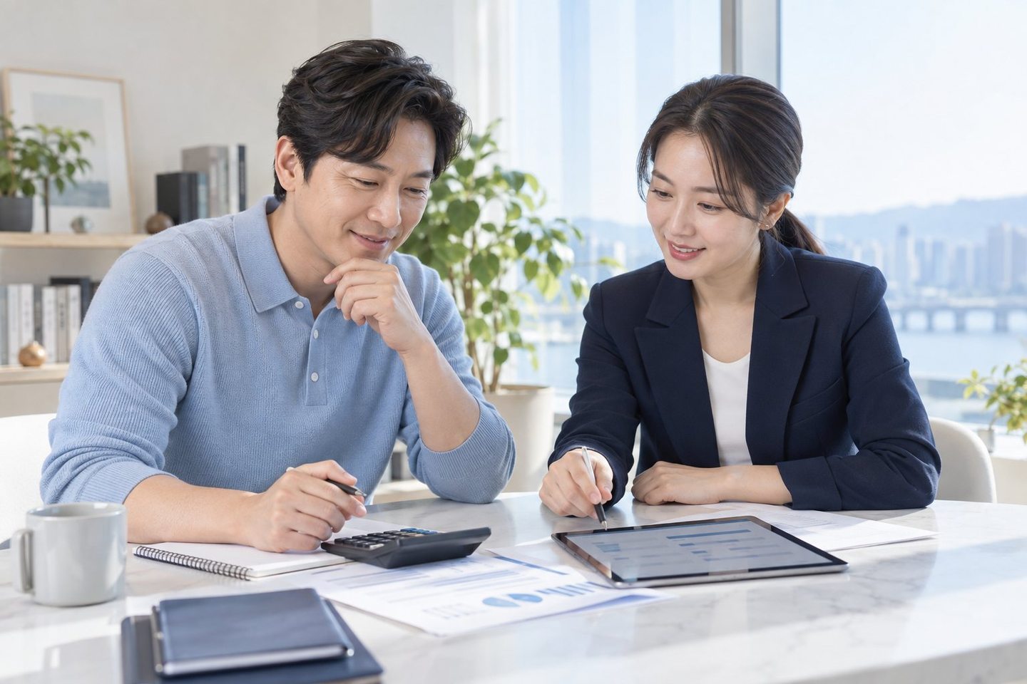 테이블에서 계약 내용을 확인하는 두 사람 — 배달대행 PG 가입 지사 서류지사 서류, 한 벌이면 그칩니다. 연락 주시면 빠진 종이를 같이 짚어 드려요.