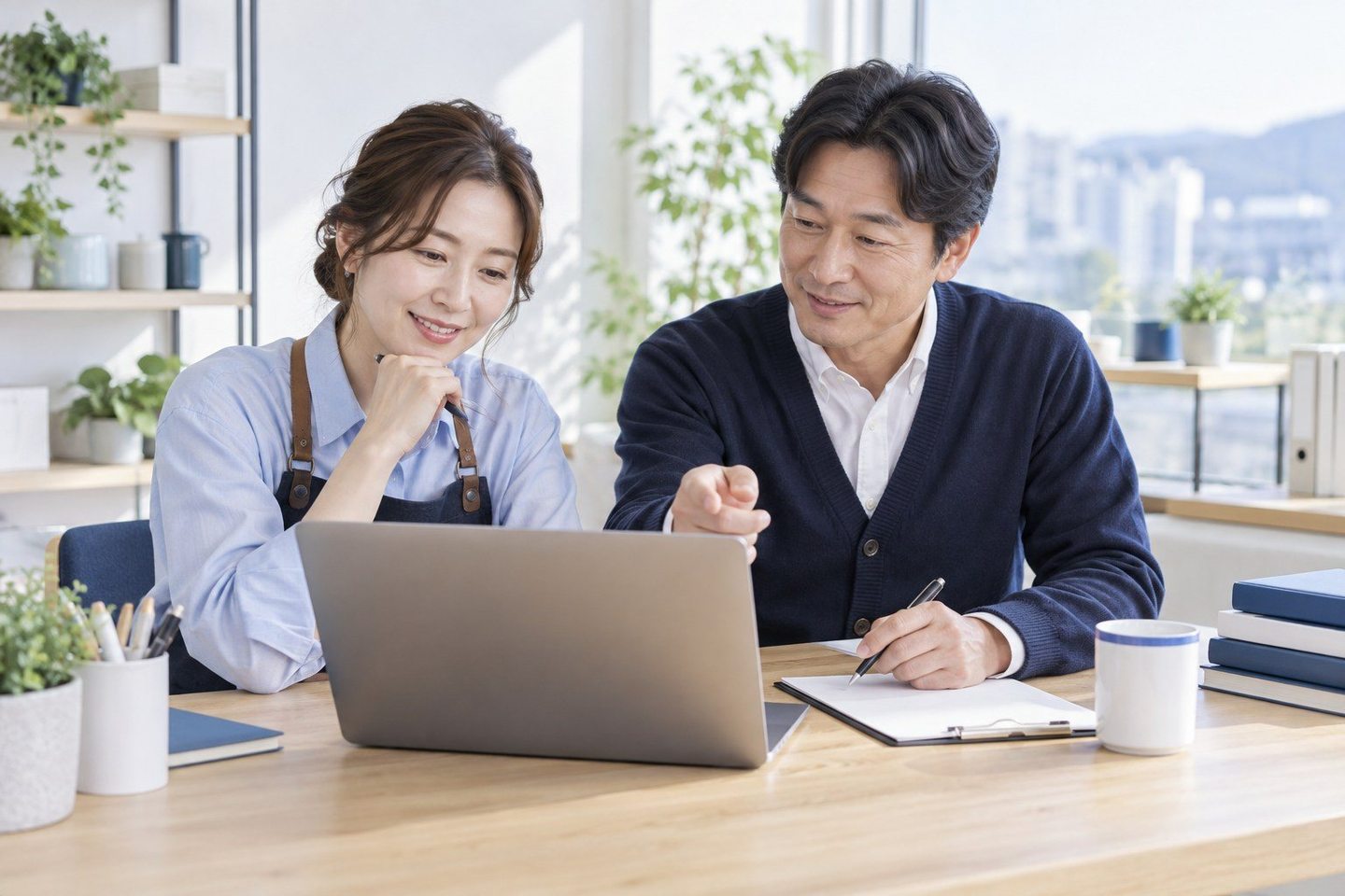 서류를 펼치고 조건을 함께 확인하는 두 사람 — 배달대행 PG 가입 지사 단말기, 한 대씩 넣지 말고 한 장에 엮으세요.